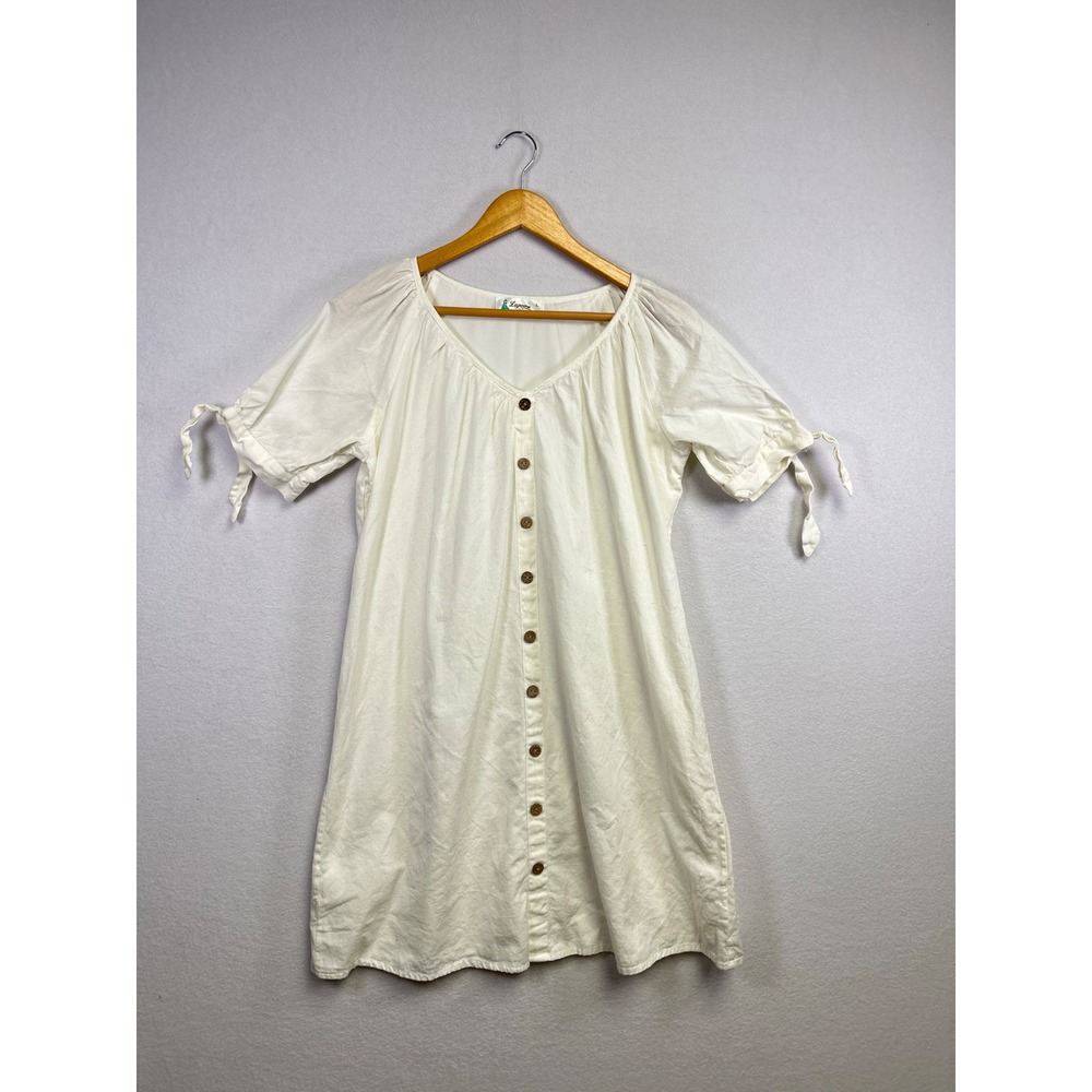 Casual Button-Front Cream Dress with Tie Sleeves